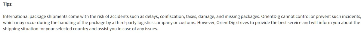 A help page tips block on white, headed Tips in bold, holding a single unnumbered grey paragraph of three lines. It says international package shipments come with the risk of accidents such as delays, confiscation, taxes, damage and missing packages, that the operator cannot control or prevent such incidents because they occur while a third-party logistics company or customs is handling the package, and that it will inform the buyer about the shipping situation for the selected country and assist if problems arise. No figures and no delivery times appear in the block.