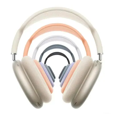 Over ear headphones nested front to back so the padded headbands fan out as arcs, in cream, apricot, lilac, slate, grey and black. The nearest pair has metal arms and fabric covered cups, shot on white.