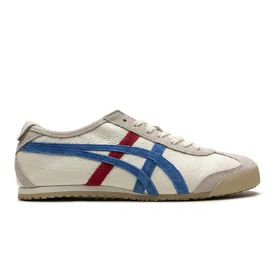 A low-top leather trainer in cream, shot side on against white. A blue stripe and a narrower dark red stripe cross the side panel, the heel and toe are suede, and the flat sole is beige.